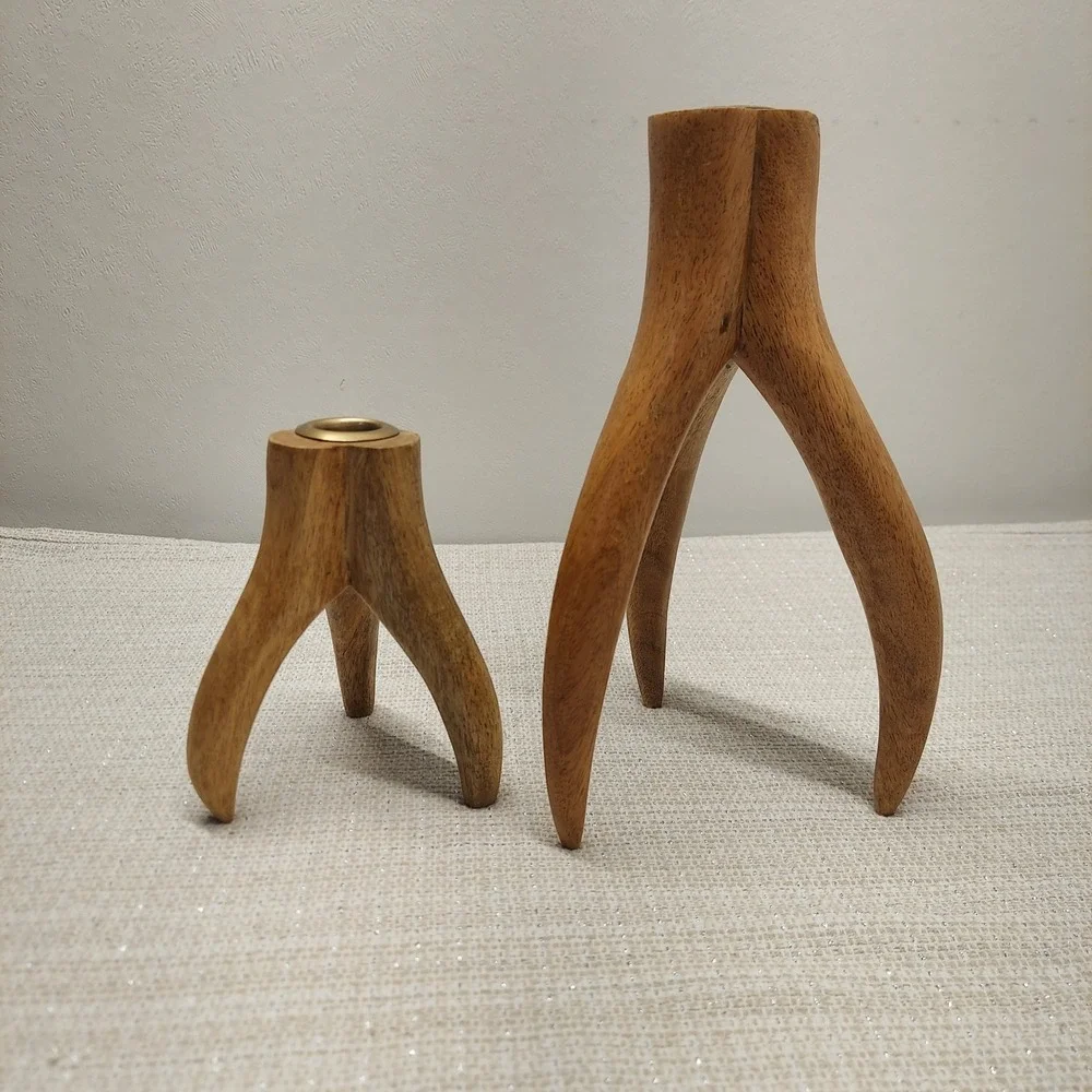 Vintage Mid Century Modern Wood‎ Antler Taper Candle Holders Set of 2